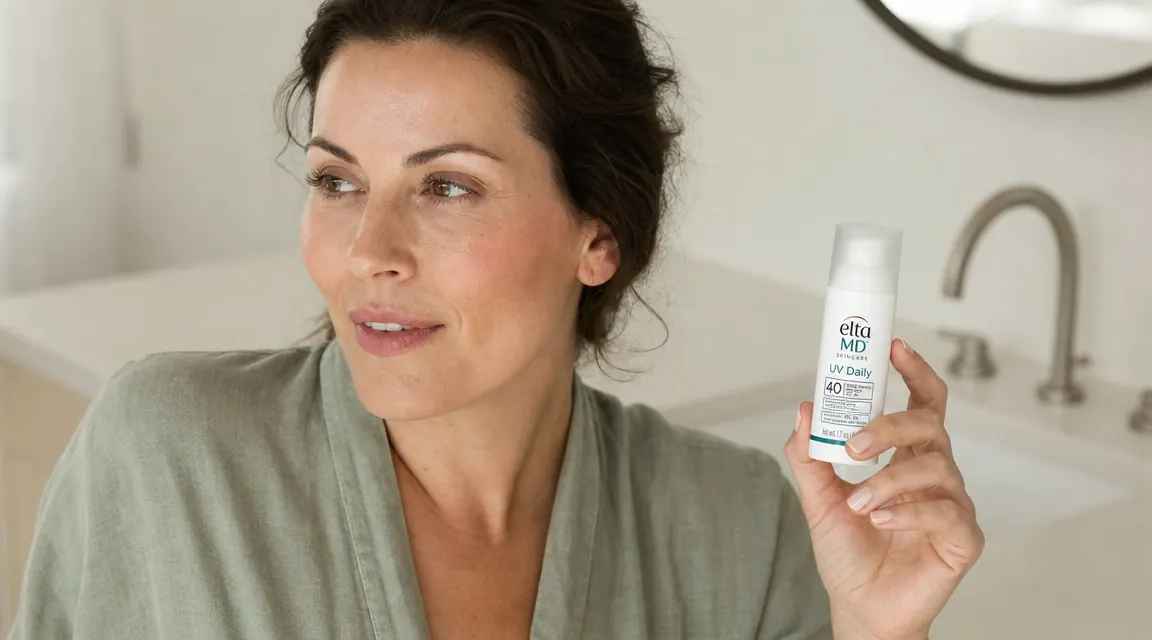 EltaMD UV Daily SPF 40 bottle held in palm with clean bathroom counter in background