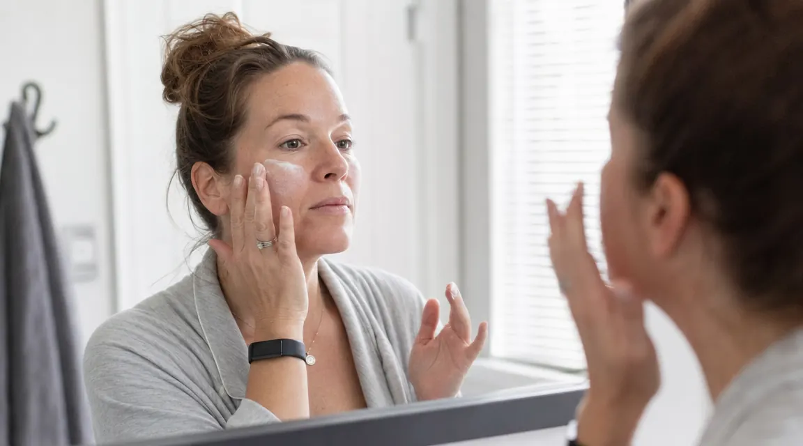 Woman applying face sunscreen in morning light at a bathroom mirror, warm natural light