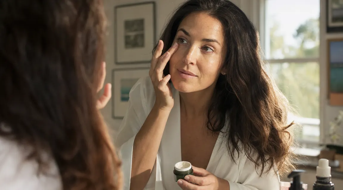 Close-up of a woman gently pressing a fingertip of eye cream under her eye in soft morning light