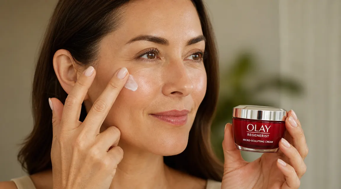 Close-up of fingertips pressing a small amount of white moisturizing cream into the cheek, showing the texture absorbing into skin