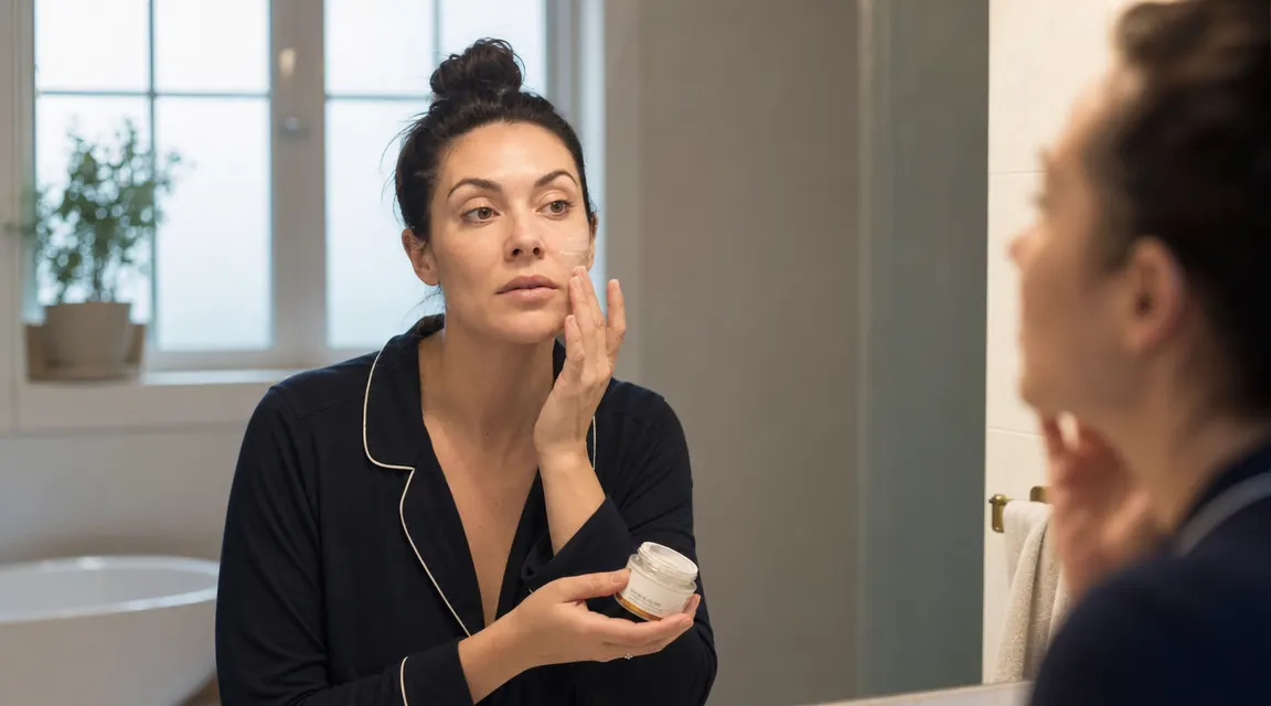 Woman applying face moisturizer at a bathroom vanity in soft morning light, looking calm and focused