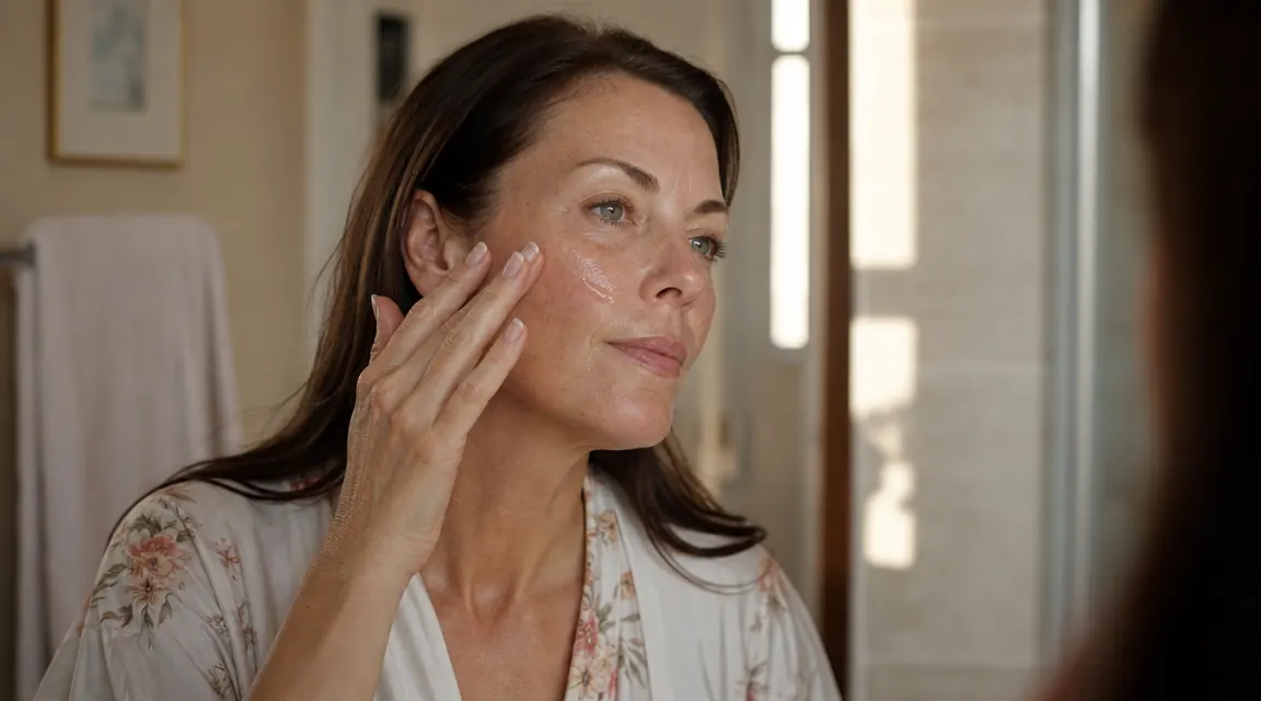 Woman applying serum to cheek in front of bathroom mirror, morning light
