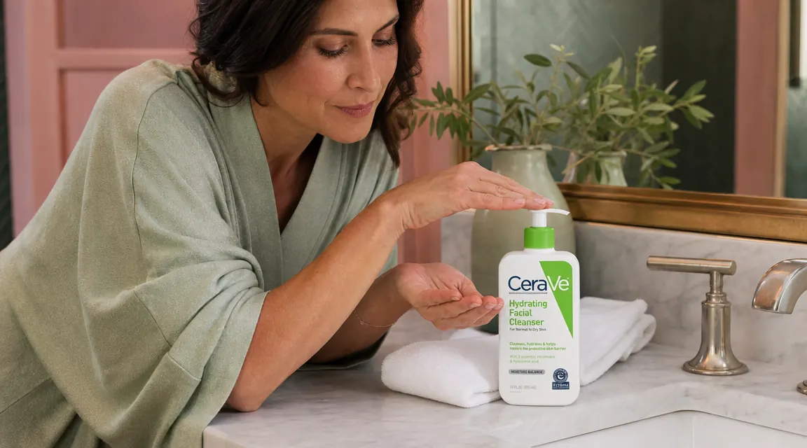 CeraVe Hydrating Facial Cleanser bottle on a marble countertop beside a folded white towel