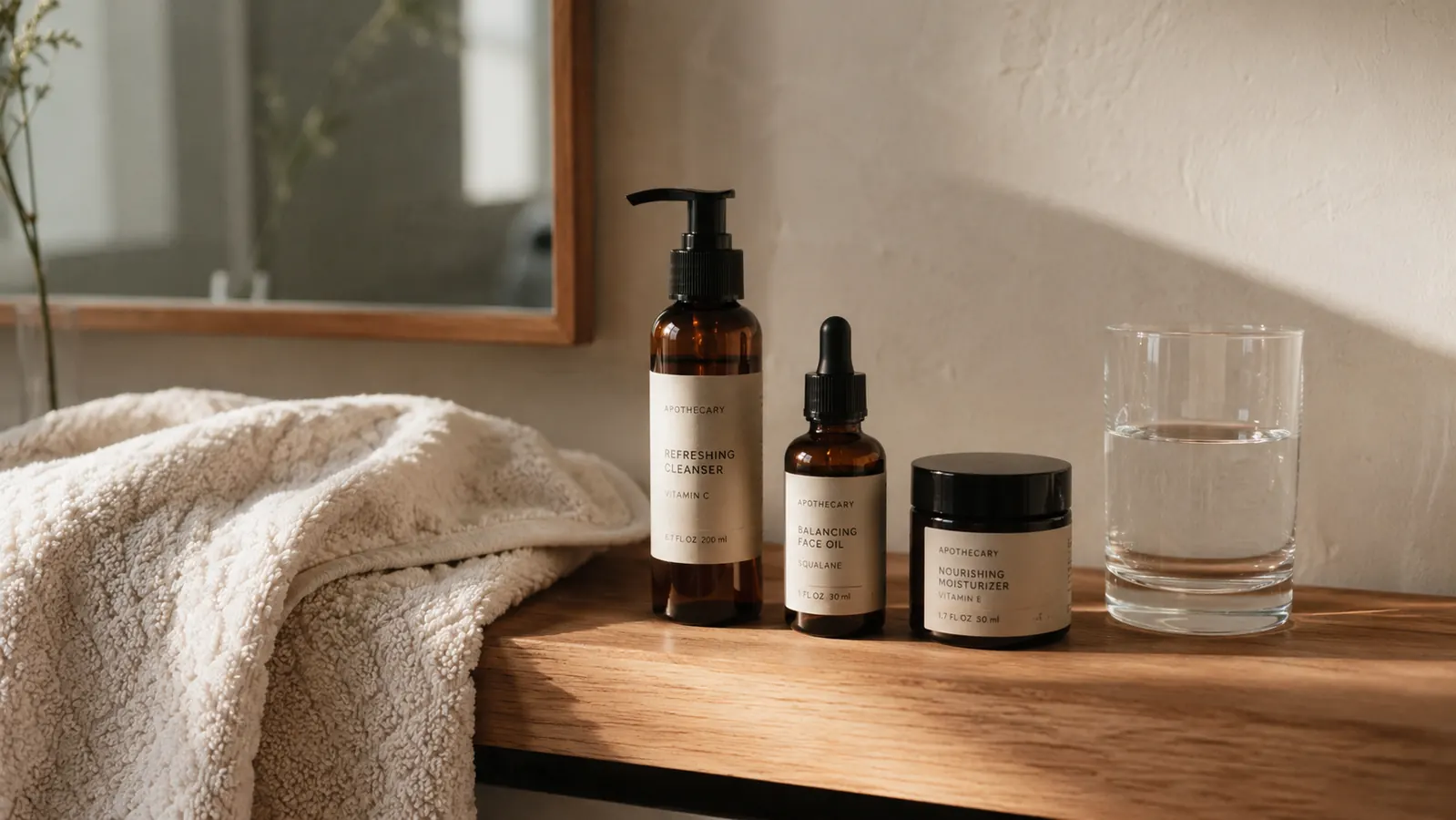 Bathroom shelf with a small collection of simple skincare products including a pump cleanser