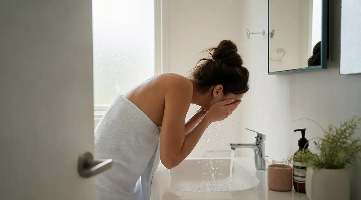 Woman washing her face at a white bathroom sink, morning light coming through frosted window