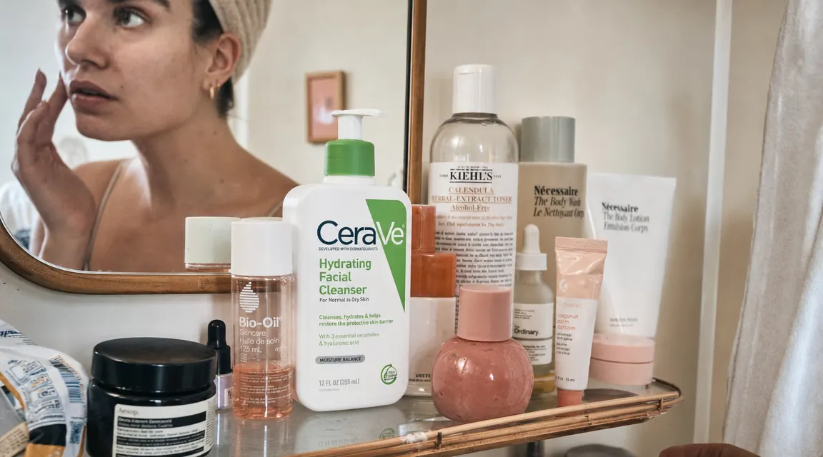 CeraVe Hydrating Facial Cleanser pump bottle on a bathroom shelf surrounded by skincare products, shot from slightly below to show scale