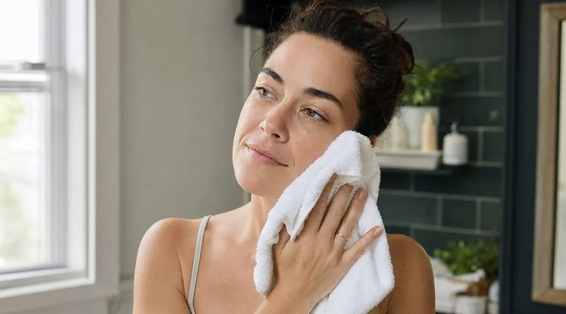 Woman with clear glowing skin patting her face dry with a soft cotton towel in a bright bathroom