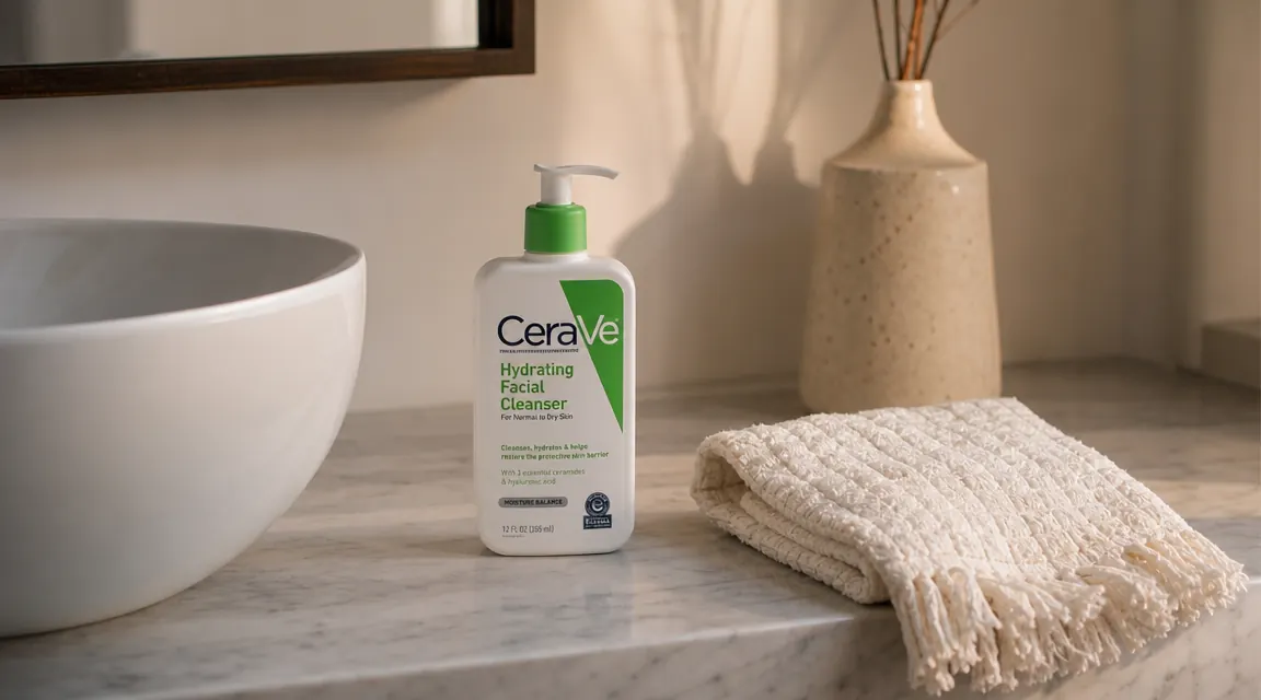 Pump bottle of CeraVe Hydrating Facial Cleanser sitting on a bathroom counter next to a white ceramic bowl and folded washcloth in soft morning light