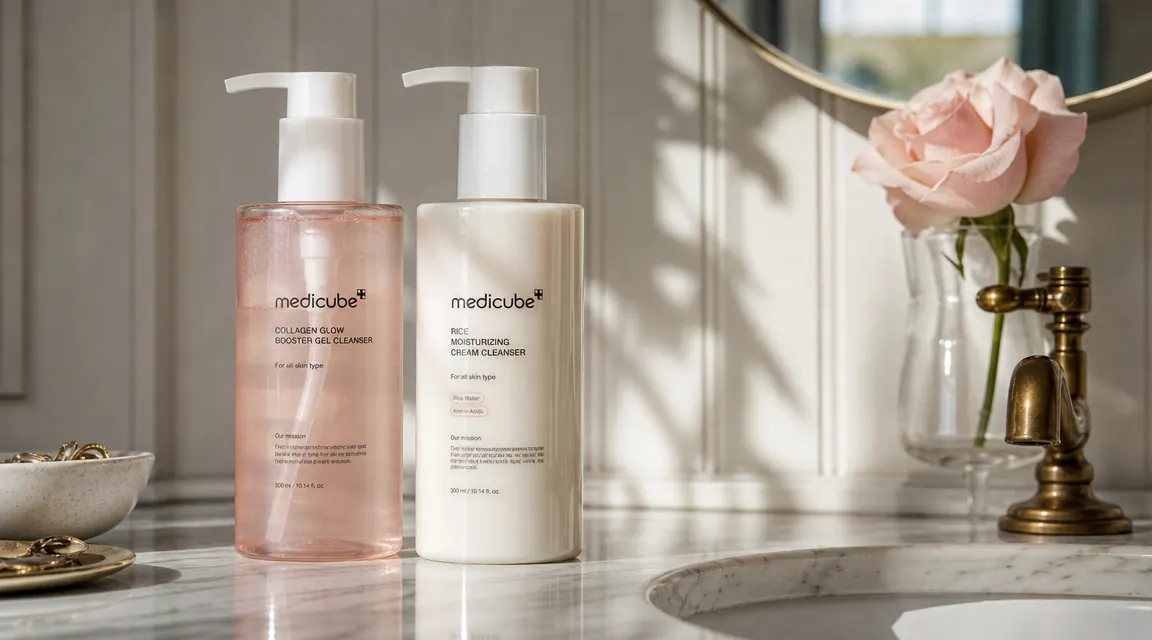 Two cleanser bottles side by side on a marble bathroom counter with soft morning light coming through a frosted window