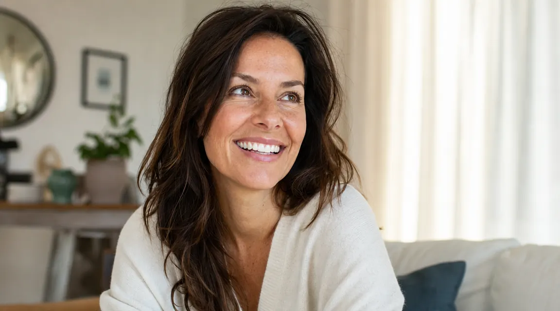 Woman smiling naturally in daylight, smooth skin, relaxed expression, casual home setting