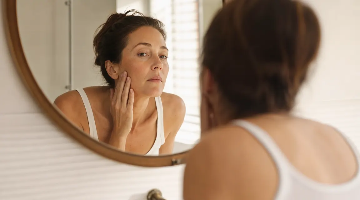 Woman in her 40s examining her skin closely in a bathroom mirror, warm morning light