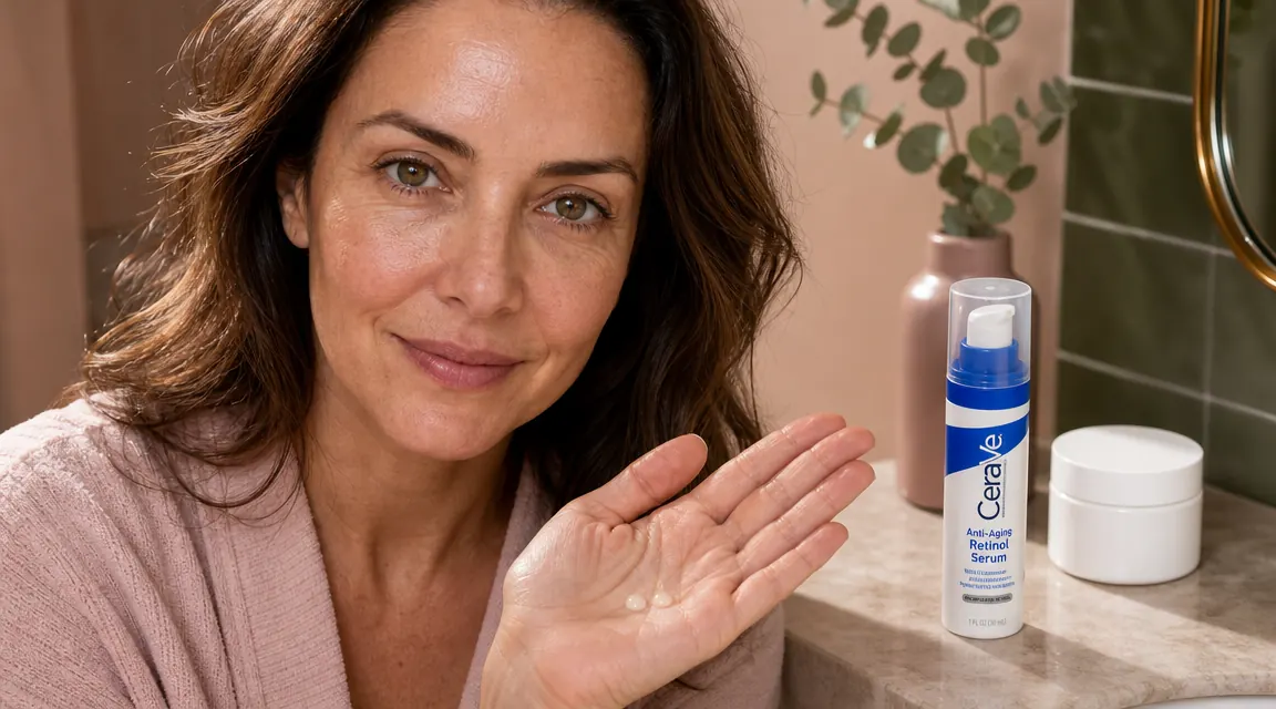 CeraVe retinol serum pump bottle next to a moisturizer jar on a bathroom countertop, one pump dispensed into palm