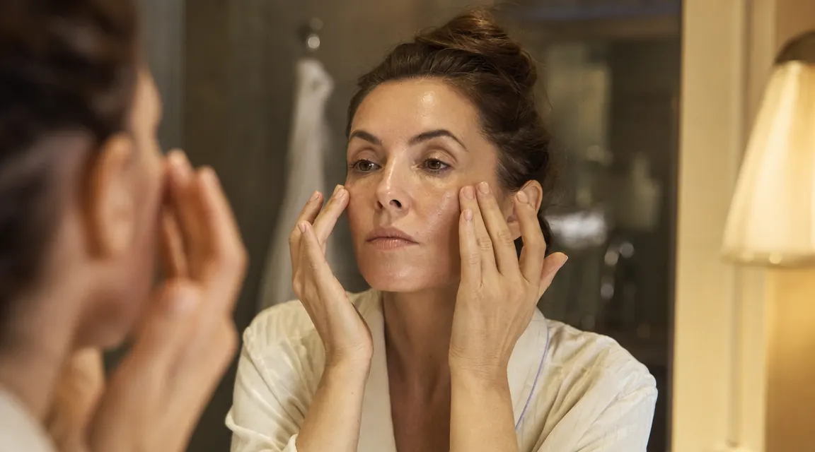 Woman applying serum at bathroom vanity at night, soft warm lighting, relaxed skincare routine