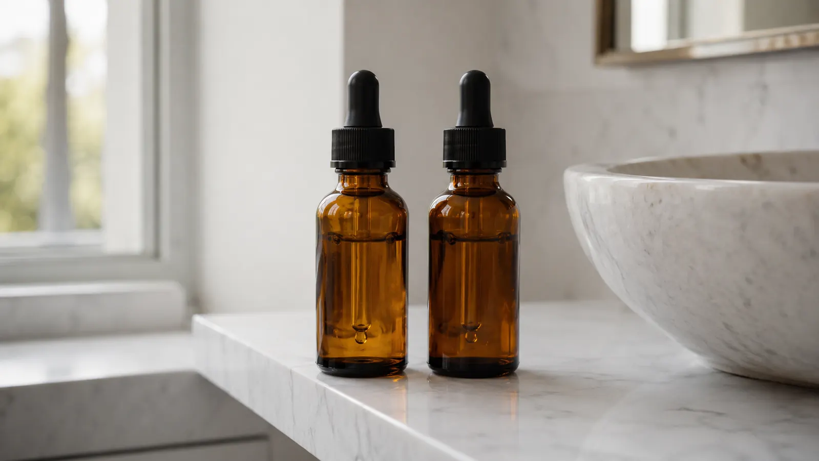 Two retinol serums side by side on a white bathroom shelf with soft morning light