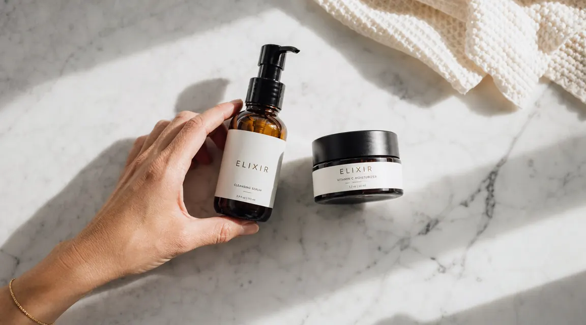 Skincare flatlay showing a sunscreen bottle and moisturizer on a marble surface with soft morning light