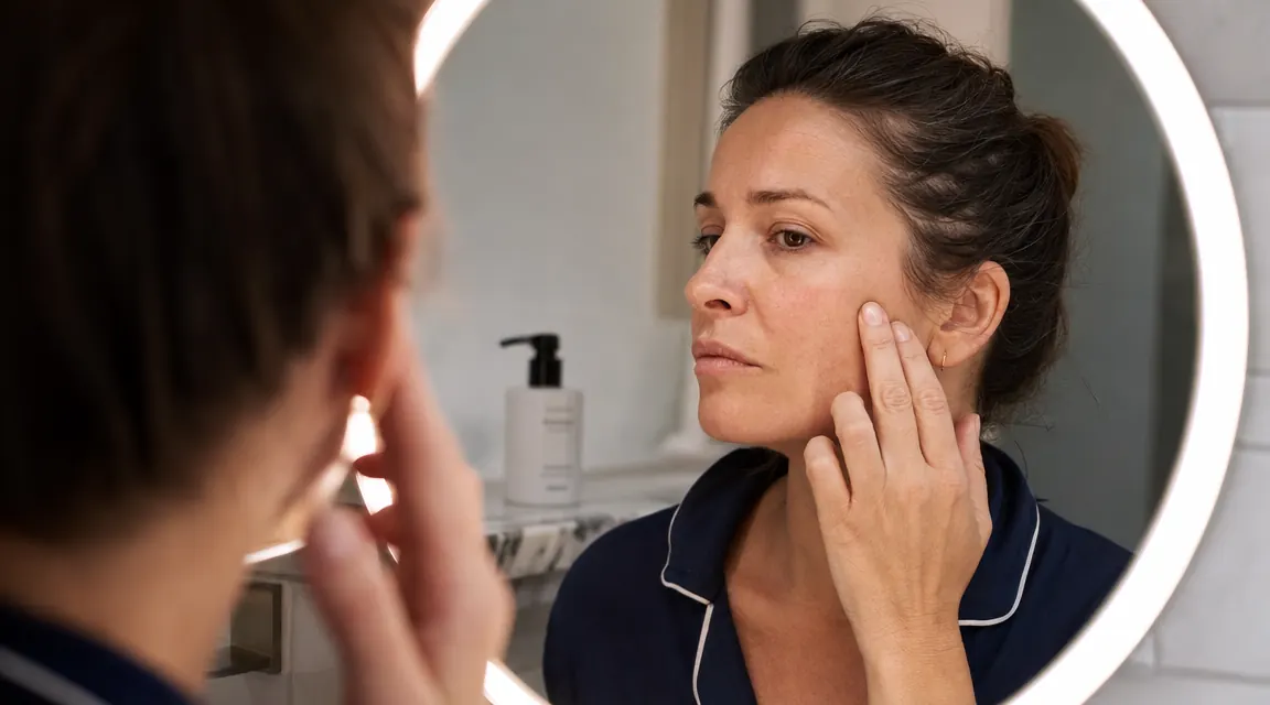 Close-up of a woman examining her skin in a well-lit mirror, fingers lightly touching her cheek, a skincare product on the counter beside her