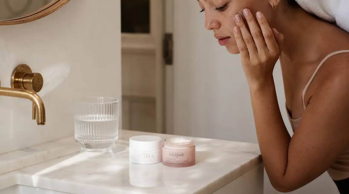 Skincare products arranged neatly on a marble bathroom counter in soft morning light, including a jar of face moisturizer and a glass of water