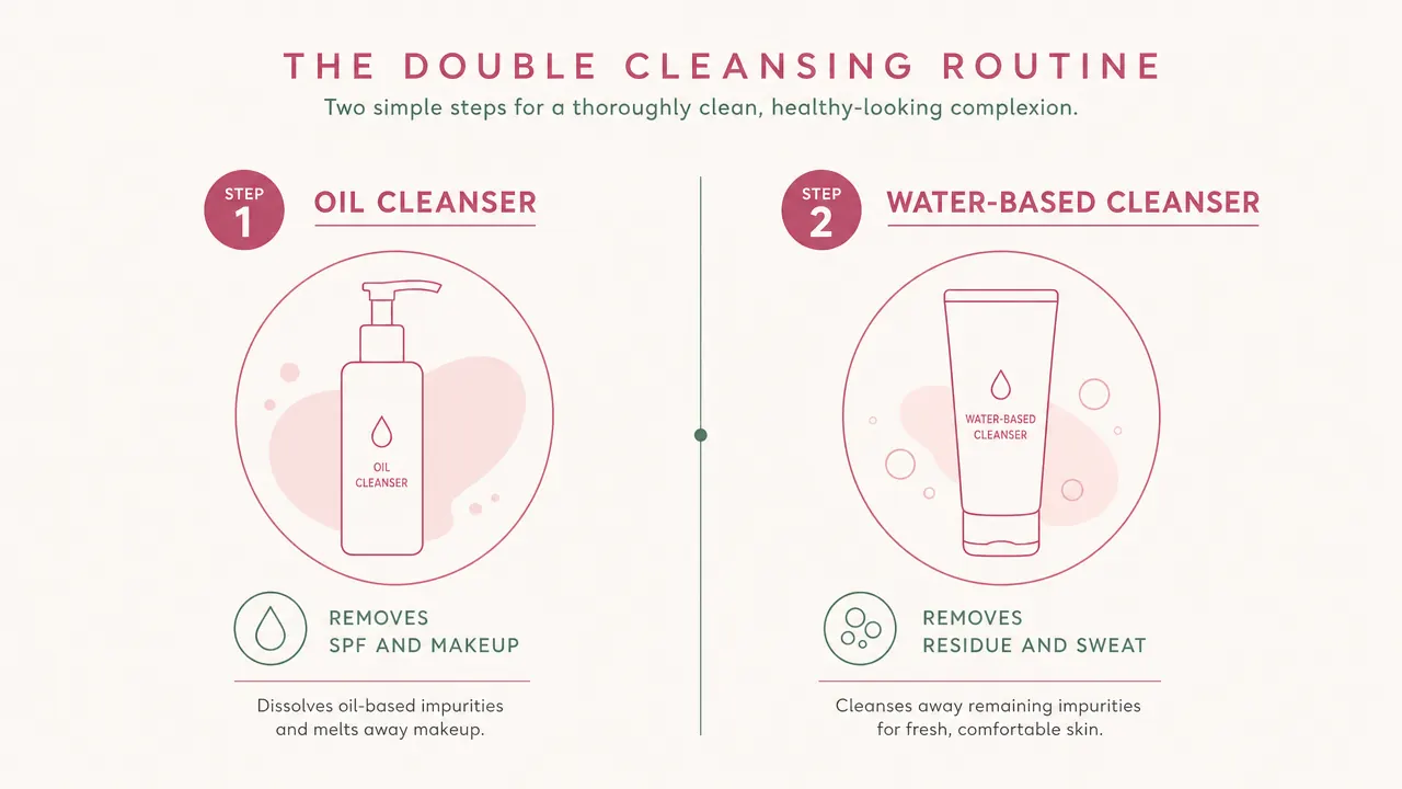 Two-step cleansing process diagram showing oil-based first cleanse followed by water-based second cleanse