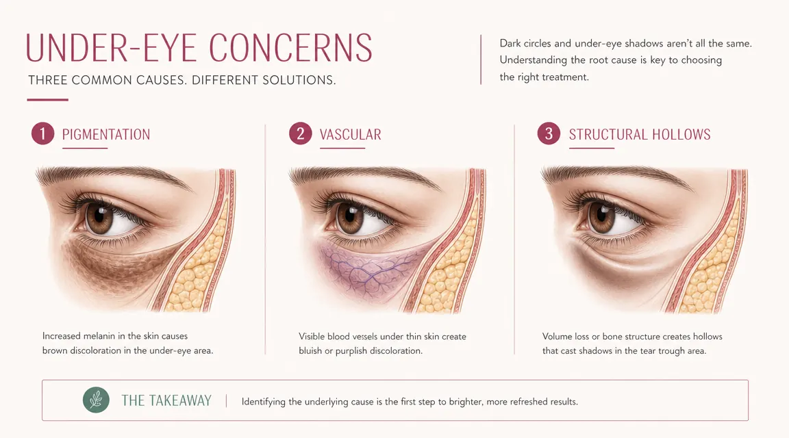 Illustrated editorial diagram comparing three types of dark circles with labels: pigmentation, vascular, and structural hollows