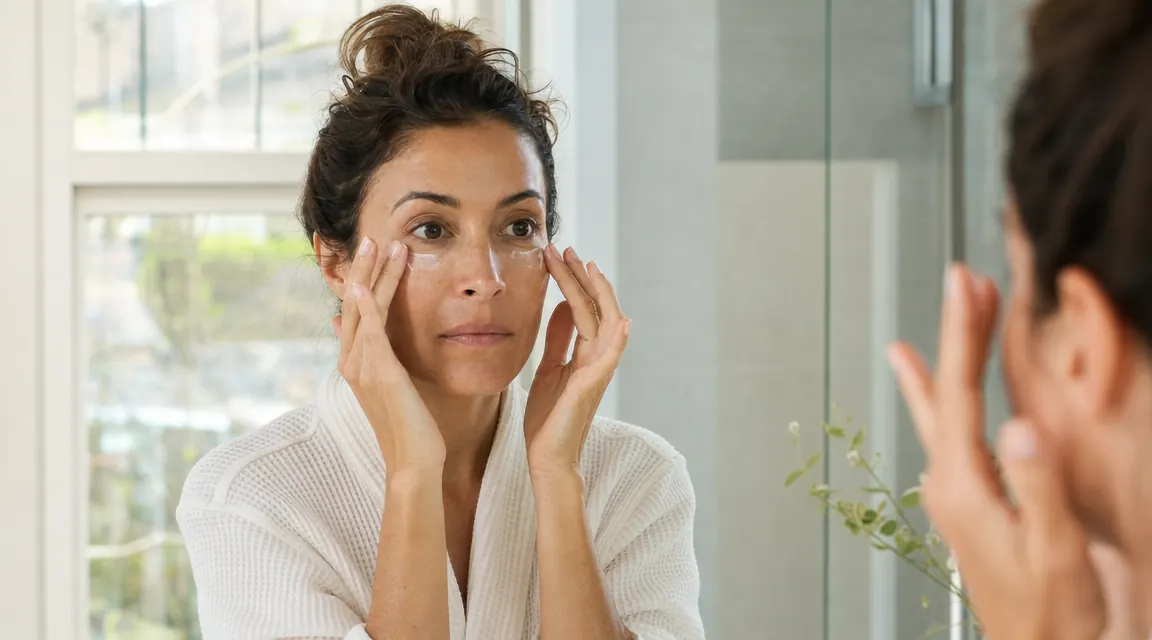 Woman gently pressing her ring fingers under her eyes in morning light near a window, clean bathroom counter in background