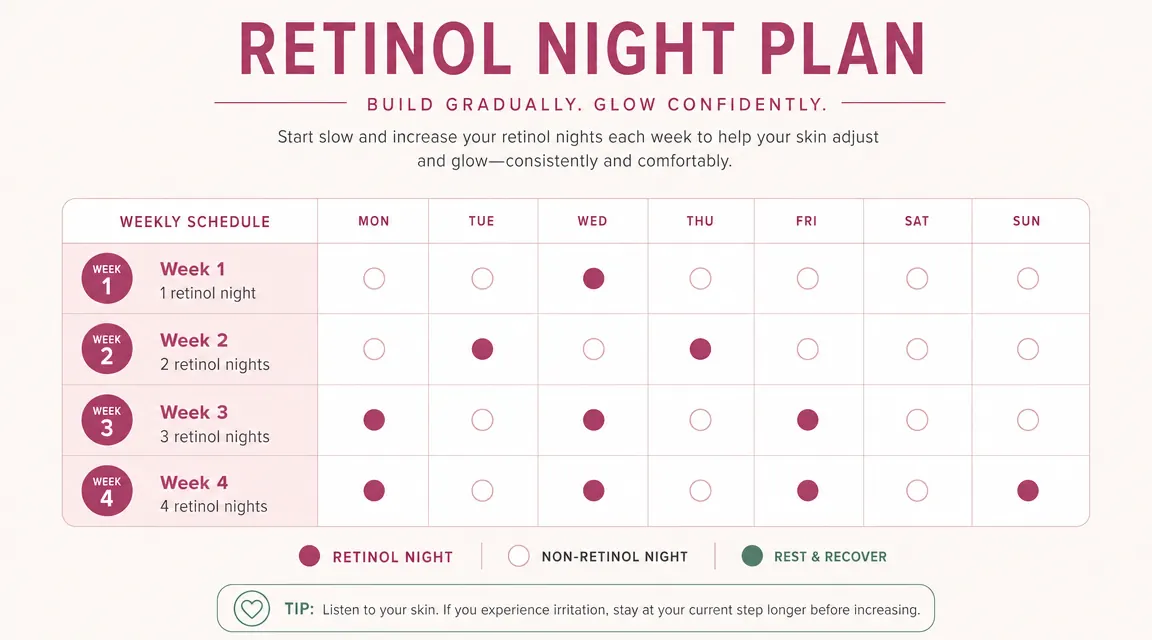 A simple weekly calendar chart showing a retinol introduction schedule: once a week in week one, twice in week two, three times in week three, and four times in week four