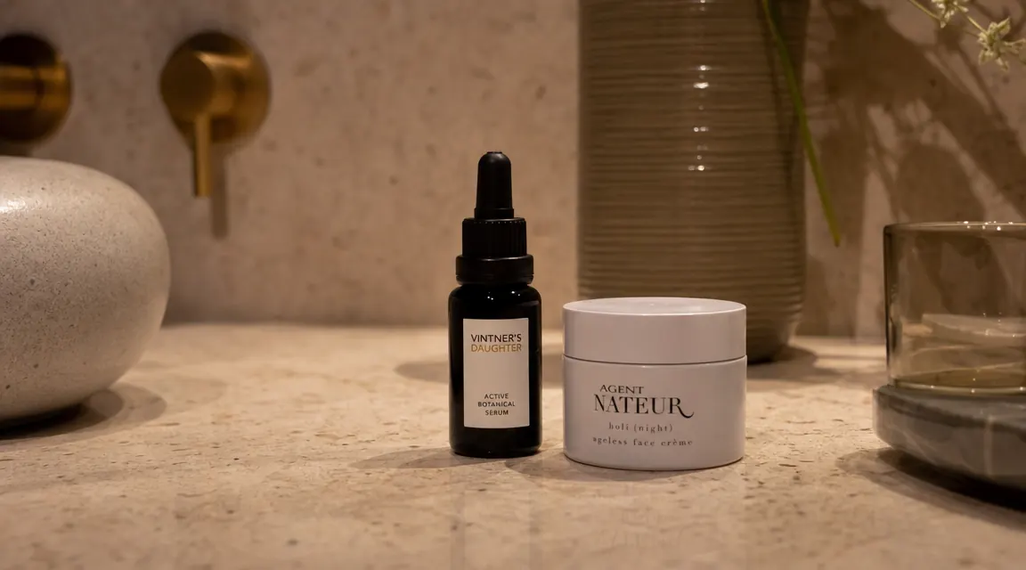 A bathroom counter at night with a dropper serum bottle, a plain moisturizer, and soft ambient lighting suggesting a calm skincare routine