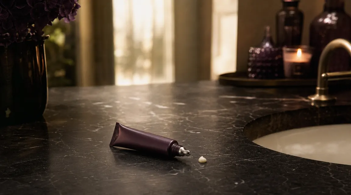 A compact eye cream tube resting on a dark bathroom countertop beside a ring finger print of cream, soft backlit morning light