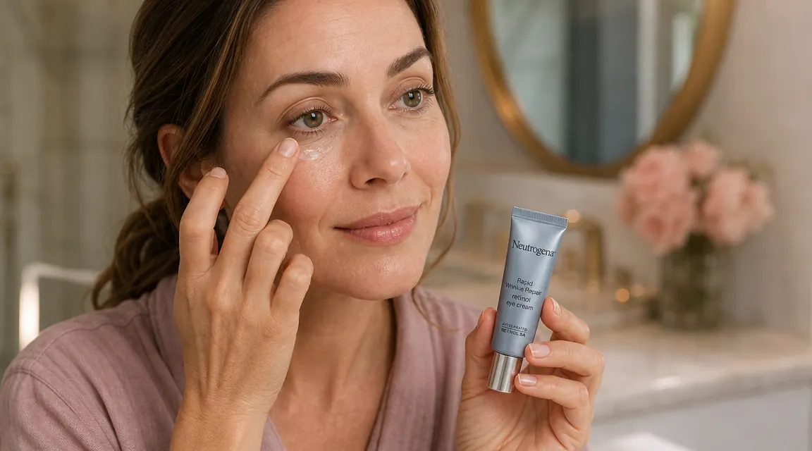 A woman's ring finger gently patting eye cream beneath her eye in a bathroom mirror reflection