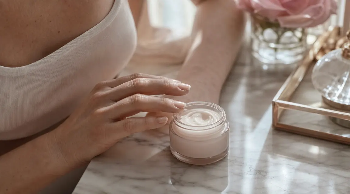 A small white jar of eye cream resting on a marble vanity surface beside a lit candle in soft morning light