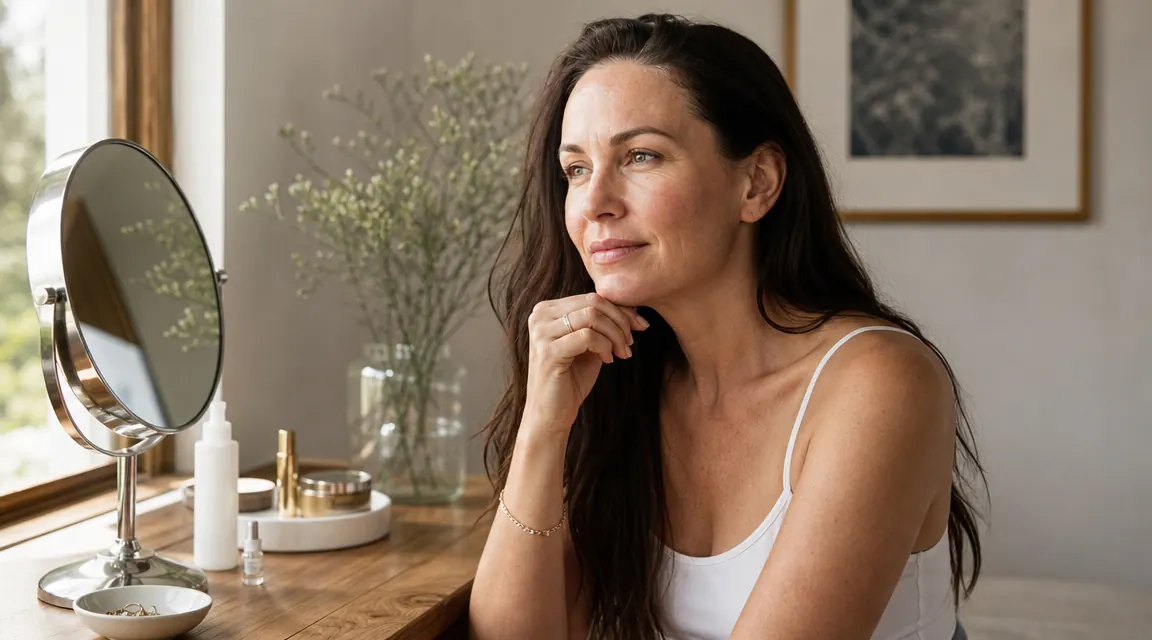 A woman sitting at a vanity in soft morning light, holding a small jar of white moisturizer and looking at her reflection