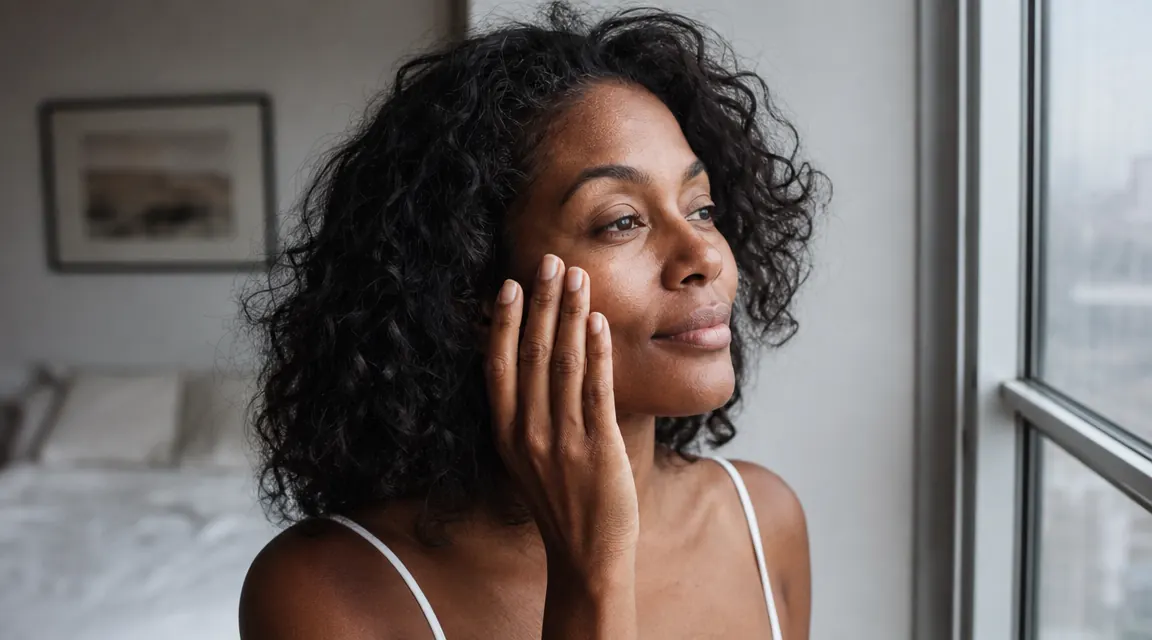 Woman with medium-deep brown skin tone patting moisturizer into her cheek in natural daylight by a window