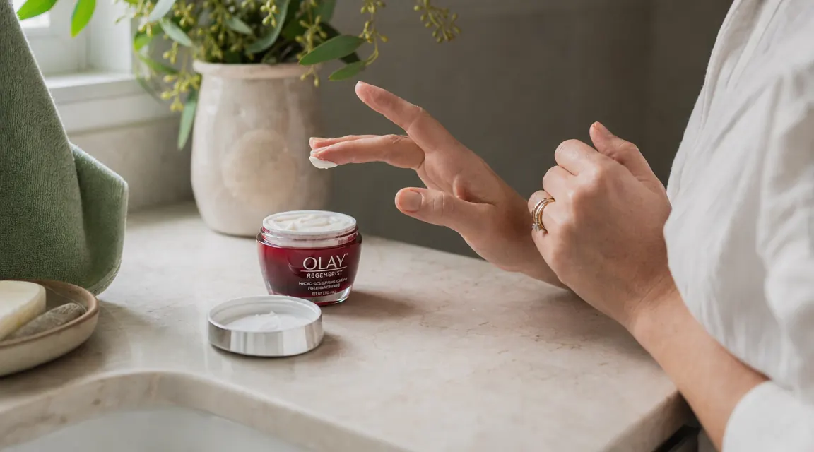 Olay Regenerist jar opened on a light-colored bathroom counter with a woman's hands visible nearby, morning light from the side