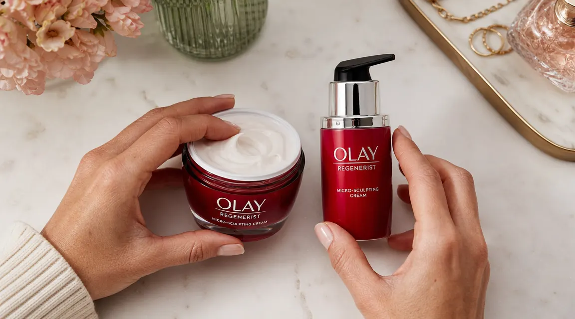 Olay Regenerist jar and pump bottle side by side on a marble surface