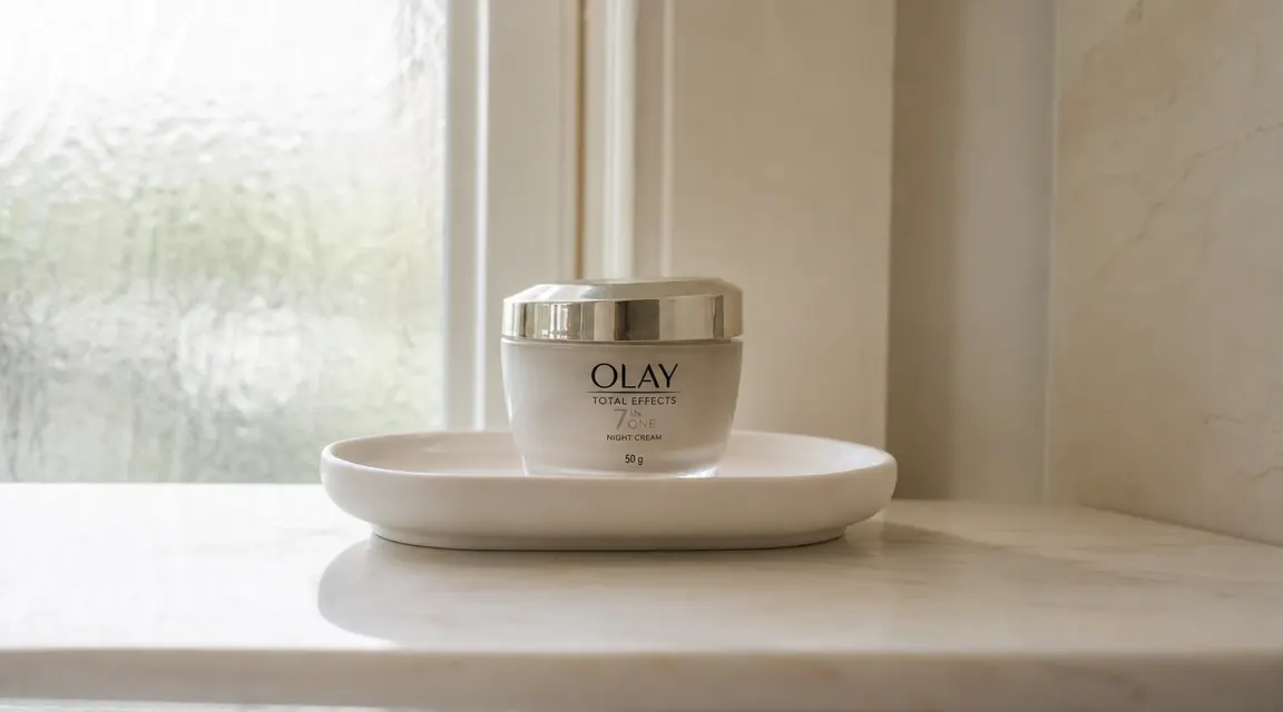 A jar of Olay Regenerist Micro-Sculpting Cream on a clean white bathroom shelf next to a glass of water and a folded washcloth